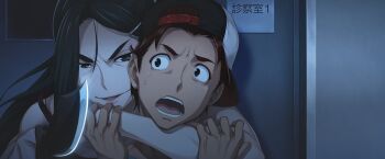 1boy 1girl armlock asymmetrical_bangs bare_shoulders baseball_cap black_hair black_pants breasts casual cleavage closed_mouth collarbone constricted_pupils dark dim_lighting evil_smile fukuda_tomonori game_cg grey_eyes hair_ornament hairpin hat highres holding holding_knife irei_mizuka knife long_hair looking_at_another looking_to_the_side narrowed_eyes nervous_sweating non-web_source official_art open_mouth pants red_eyes red_hair robotics;notes robotics;notes_dash scared science_adventure shiny_lips short_hair smile spoilers surprised sweat teeth tongue yashio_kaito