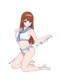 Rule 34 | 1girl, bikini, blue necktie, blue sailor collar, blunt ends, breasts, closed mouth, commentary request, full body, hairband, high heel sandals, highres, hodoyoi, idolmaster, idolmaster million live!, kneeling, long hair, midriff, navel, necktie, red eyes, red hair, sailor bikini, sailor collar, sailor swimsuit (idolmaster), sandals, simple background, smile, solo, straight hair, swimsuit, tanaka kotoha, white background, white bikini, white hairband