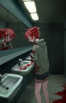 1girl ahoge aruminsuko black_eyes black_skirt blood blood_on_clothes blood_on_face blood_on_ground blood_on_hands blush commentary_request crying crying_with_eyes_open drill_hair empty_eyes faucet feet_out_of_frame from_side green_sweater hair_between_eyes hood hooded_sweater indoors kasane_teto miniskirt mirror open_mouth pleated_skirt public_restroom reflection sink skirt solo standing sweater tears twin_drills utau water