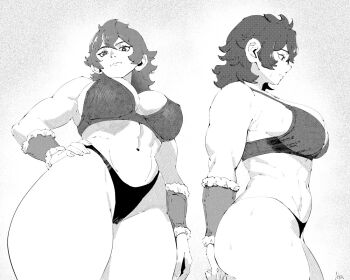 1girl abs akumoraku akumoraku bra breasts cropped_legs dungeon_meshi dwarf from_side greyscale large_breasts looking_at_viewer medium_hair monochrome muscular muscular_female namari_(dungeon_meshi) panties simple_background standing thick_thighs thighs underwear vambraces