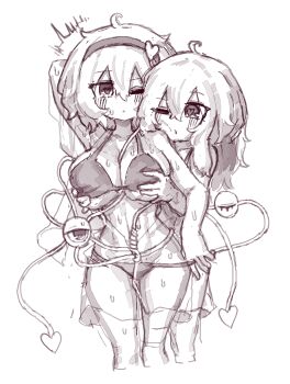 2girls ;&lt; ahoge bikini bikini_pull breasts cleavage clothes_pull grabbing_another&#039;s_breast grabbing_from_behind greyscale groping hairband heart heart-shaped_pupils highres incest komeiji_koishi komeiji_satori large_breasts medium_hair monochrome multiple_girls one_eye_closed pulling_another&#039;s_clothes rampa93 short_hair simple_background swimsuit symbol-shaped_pupils third_eye touhou yuri