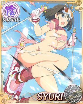 1girl :o antenna_hair blue_eyes bob_cut border breasts brown_hair card_(medium) character_name game_cg goggles goggles_on_head hairband holding_ski_pole kunai large_breasts medium_hair midair motion_blur no_bra no_panties official_art senran_kagura senran_kagura_new_wave ski_goggles ski_pole skiing skis solo surprised sweat syuri_(senran_kagura) torn_clothes weapon