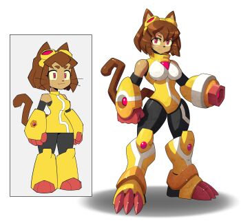 absurdres animal_ears arm_cannon brown_hair cat_ears cat_girl cat_tail closed_mouth full_body furry furry_female gameoverse highres kit_bodega looking_at_viewer mega_man_(series) mega_man_zero_(series) mega_man_zx red_eyes short_hair simple_background smile tail ultimatemaverickx weapon white_background