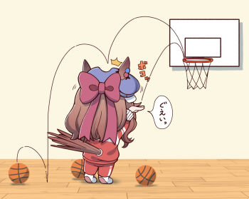 1girl ^^^ animal_ears ball basketball basketball_(object) basketball_hoop brown_hair chibi chibi_only commentary_request ears_through_headwear facing_away failure from_behind full_body highres horse_ears horse_girl horse_tail jacket long_hair long_sleeves matikanetannhauser_(umamusume) pants rakugakiraid red_jacket red_pants socks solo speech_bubble standing tail tracen_training_uniform track_jacket translation_request umamusume white_socks