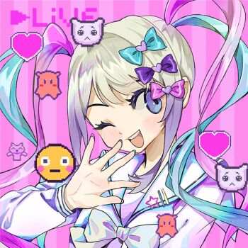 1girl ame-chan_(needy_girl_overdose) animated animated_gif black_background black_hair blood blue_hair blush bow bowtie cat chouzetsusaikawa_tenshi-chan dual_persona emoji glitch glowing glowing_eyes gradient_hair grey_hair hair_bow hair_over_one_eye heart holographic_clothing injury long_hair multicolored_hair multiple_hair_bows neck_ribbon needy_girl_overdose one_eye_closed pill pink_background pink_hair purple_hair quad_tails razor ribbon rye-beer sailor_collar sailor_shirt shirt slit_wrist smile solo twintails upper_body very_long_hair vomit vomiting