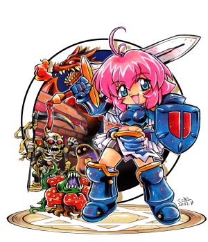 1girl absurdres antenna_hair armor armored_boots artist_name bike_shorts black_shirt black_shorts blue_armor blue_eyes boobplate boots breastplate commentary_request crop_top dated dragon fang fire gauntlets hand_up hexagram highres holding holding_scythe holding_shield holding_sword holding_weapon horns kokomahi looking_at_viewer magic_circle monster navel official_art open_mouth orange_eyes pelvic_curtain pink_hair plant_monster red_eyes scythe sharp_teeth shield shirt short_hair shorts skeleton slime_(creature) smile sword teeth thorns weapon ziggurat_(game)