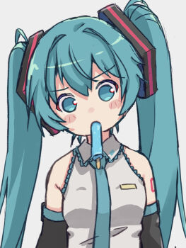 1girl akayama_yukihe aqua_eyes aqua_hair aqua_necktie blush food food_in_mouth hatsune_miku highres long_hair necktie popsicle popsicle_in_mouth solo twintails very_long_hair vocaloid