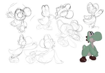 arm_up blue_eyes boots crossed_legs dated_commentary dinosaur highres mario_(series) multiple_views nintendo no_humans on_one_knee own_hands_together palms_together red_boots simple_background sitting sketch standing white_background winpuss yoshi