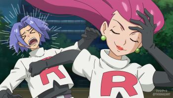 1boy 1girl black_gloves closed_eyes cowlick earrings gloves highres hitting james_(pokemon) jessie_(pokemon) jewelry jujutsu_kaisen meme naoya_hitting_choso_without_looking_(meme) nintendo open_mouth pokemon pokemon_(anime) pokemon_(classic_anime) pokemon_sm_(anime) smile sphere_earrings team_rocket team_rocket_uniform thsinaz