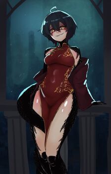 1girl ahoge arm_support backlighting basedbinkie black_hair blurry blurry_background breasts china_dress chinese_clothes cloud_print commentary covered_navel dress english_commentary gold_trim hair_between_eyes highres jacket looking_at_viewer medium_breasts off_shoulder original parted_lips railing rain red_dress red_jacket scales short_hair slit_pupils snake_girl solo standing thighs xiang_(basedbinkie) yellow_eyes