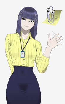 1girl black_eyes black_hair black_skirt blunt_bangs blunt_ends buttons clippy closed_mouth collared_shirt cowboy_shot highres id_card lanyard long_hair long_sleeves looking_at_viewer microsoft microsoft_windows office_lady paperclip pencil_skirt personification shirt shirt_tucked_in simple_background skirt smile solo straight-on straight_hair themaestronoob waving white_background yellow_shirt