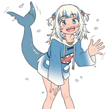 1girl :d animal_costume beachepisode blue_eyes blue_hair blue_hoodie collarbone fins fish_tail gawr_gura gawr_gura_(1st_costume) grin hair_ornament highres hololive hololive_english hood hoodie long_sleeves looking_at_viewer multicolored_hair open_mouth shark_costume shark_girl shark_hair_ornament shark_tail smile solo streaked_hair tail two_side_up virtual_youtuber waving white_background white_hair