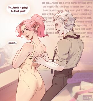 Rule 34 | 1boy, 1girl, absurdres, ass, astarion, baldur's gate, baldur's gate 3, body freckles, dress, dungeons & dragons, english text, freckles, highres, long hair, pink hair, ponytail, poofroom fanart, short hair, white hair, yellow dress