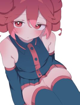 1girl bad_id bad_twitter_id bare_shoulders blue_boots blue_shirt blue_skirt blue_sleeves blush boots closed_mouth collared_shirt detached_sleeves double-parted_bangs drill_hair eyes_visible_through_hair hair_between_eyes highres kasane_teto kasane_teto_(utau) looking_at_viewer miniskirt red_eyes red_hair red_trim shirt skirt sleeveless sleeveless_shirt thigh_boots thighs twin_drills ur_(ur_o_) utau white_background