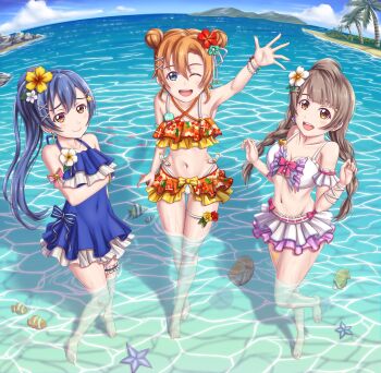 1girl 3girls ;) alternate_hairstyle aqua_flower arm_bow arm_garter arm_ribbon arm_scrunchie artist_name artist_request bare_legs bare_shoulders barefoot beach bikini bikini_skirt blue_bikini blue_bow blue_eyes blue_hair blue_scrunchie blue_sky blush bow bracelet braid breasts brown_eyes brown_hair cloud collarbone criss-cross_halter day double_bun feet female_focus fish floral_print flower flower_print frilled_bikini frilled_thigh_strap frills full_body grey_hair hair_bobbles hair_bun hair_flower hair_ornament hair_ribbon hairclip half-closed_eyes halterneck hand_wave high_ponytail highres jewelry kosaka_honoka legwear_garter light_brown_hair long_hair looking_at_viewer love_live! love_live!_school_idol_festival love_live!_school_idol_project minami_kotori mountain multiple_girls ocean one_eye_closed orange_bikini outdoors palm_tree parted_lips pearl_bracelet pink_bow ponytail red_flower ribbon scrunchie single_legwear_garter sky smile sonoda_umi star_(symbol) star_hair_ornament starfish striped_bow swimsuit thigh_strap tree tsukimi_seiya twin_braids twintails white_bikini white_flower white_ribbon wink x_hair_ornament yellow_bikini yellow_bow yellow_eyes yellow_flower