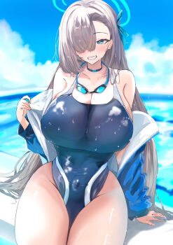 1girl asuna_(blue_archive) bare_shoulders blonde_hair blue_archive blue_eyes blue_halo blue_jacket blue_one-piece_swimsuit blush breasts choker cleavage commentary_request covered_navel goggles goggles_around_neck grin groin hair_over_one_eye hair_ribbon halo igatarou jacket large_breasts long_hair looking_at_viewer mole mole_on_breast one-piece_swimsuit open_clothes open_jacket ribbon sitting smile solo swimsuit thighs very_long_hair wet