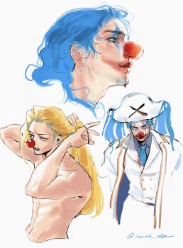 1boy abs absurdres beard_stubble blonde_hair blue_eyes blue_hair blue_necktie buggy_the_clown buttons clown clown_nose coat coat_on_shoulders double-breasted facial_hair formal_clothes hair_through_headwear hat highres long_hair marine_uniform_(one_piece) necktie one_piece portrait red_nose stubble suit toned toned_male vamos_mk white_background white_hat white_suit