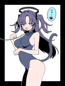 Rule 34 | 1girl, animal collar, black border, black halo, black leotard, blue archive, blue bodysuit, blush, bodysuit, border, cat tail, collar, commentary, fang, halo, highres, leash, leotard, long hair, looking at viewer, mechanical halo, open mouth, paw pose, purple eyes, purple hair, sabi1234, simple background, solo, speech bubble, spoken paw print, tail, translated, two side up, white background, yuuka (blue archive)