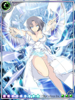 1girl attack bare_shoulders blue_eyes blush bow breasts card_(medium) cleavage closed_mouth collarbone convenient_censoring copyright_name cryokinesis dual_wielding energy folding_fan grey_hair hair_bow hand_fan highres holding holding_fan ice japanese_clothes kimono large_breasts looking_at_viewer low_neckline marvelous obi open_mouth paper_fan ribbon-trimmed_kimono ribbon_trim sash senran_kagura senran_kagura_new_wave senran_kagura_shinovi_versus short_hair smile socks solo standing standing_on_one_leg striped_bow tabi torn_clothes torn_kimono torn_sleeves v-shaped_eyebrows white_bow white_kimono white_socks yumi_(senran_kagura)