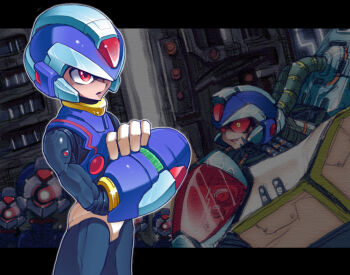 1boy alternate_form android arm_cannon black_border border capcom cockpit copy_x_(mega_man) cowboy_shot gloves grin helmet male_focus red_eyes mega_man_(series) mega_man_zero_(series) serious smile solo weapon white_gloves yuusuke_(5yusuke3)