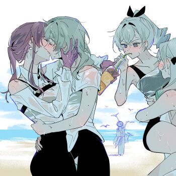 5girls beach bird black_shorts blush carrying carrying_person character_request clothing_cutout collared_shirt commentary_request d0600059994959 drink firefly_(honkai:_star_rail) french_kiss gloves grey_eyes grey_hair hand_on_another&#039;s_head hands_on_another&#039;s_waist highres holding holding_drink honkai:_star_rail honkai_(series) kafka_(honkai:_star_rail) kiss korean_commentary multiple_girls ocean outdoors ponytail purple_gloves purple_hair seagull shirt shorts shoulder_cutout silver_wolf_(honkai:_star_rail) stelle_(honkai:_star_rail) trailblazer_(honkai:_star_rail) wet wet_clothes wet_shirt white_shirt yuri