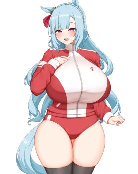 1girl absurdres animal_ears black_thighhighs blue_hair blue_tail blush braid breasts buruma commentary_request crown_braid highres horse_ears horse_girl horse_tail huge_breasts jacket long_hair long_sleeves looking_at_viewer mejiro_ardan_(umamusume) open_mouth pasuhai purple_eyes red_buruma red_jacket simple_background smile solo tail teeth thick_thighs thighhighs thighs track_jacket umamusume upper_teeth_only white_background wide_hips