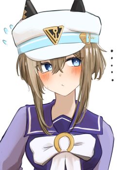 1girl blue_eyes blush bow brown_hair cheval_grand_(umamusume) closed_mouth disfiro03 ears_through_headwear hair_between_eyes hat highres looking_to_the_side peaked_cap purple_sailor_collar purple_shirt sailor_collar shirt short_hair solo umamusume white_bow white_hat