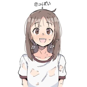 Rule 34 | 1girl, arms at sides, arrow (symbol), azumanga daiou, blush, breath, brown eyes, brown hair, collarbone, commentary, embarrassed, english commentary, gym shirt, gym uniform, highres, kasuga ayumu, long hair, looking at viewer, nervous smile, open mouth, pointing, pointing down, see-through clothes, see-through shirt, shirt, short sleeves, simple background, sketch, smile, sportswear, steam, sweat, sweaty clothes, t-shirt, translated, upper body, white background, white shirt, zlix0n