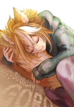 1boy animal_ear_fluff animal_ears annin_chazuke brown_hair commentary_request dog_boy dog_ears dog_tail fetal_position genshin_impact gorou_(genshin_impact) green_hoodie hair_between_eyes happy_birthday highres holding_own_tail hood hood_down hoodie hugging_own_tail hugging_tail male_focus multicolored_hair sleeping solo streaked_hair tail white_background white_hair