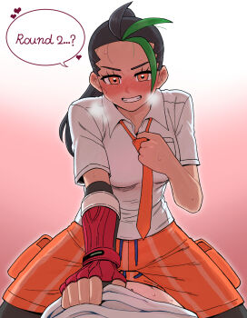 1boy 1girl adjusting_clothes adjusting_necktie black_hair black_pantyhose blush breast_pocket breath collared_shirt commentary_request english_text eyelashes fingerless_gloves gloves gradient_background green_hair grin highres looking_down multicolored_hair necktie nemona_(pokemon) nintendo nutkingcall orange_eyes orange_necktie orange_shorts pantyhose pocket pokemon pokemon_sv ponytail pov red_gloves shirt shorts single_glove smile speech_bubble sweat teeth two-tone_hair