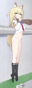 1boy 1girl absurdres animal_ear_fluff animal_ears black_socks blonde_hair blue_archive clenched_teeth dark-skinned_male dark_skin disembodied_hand fox_ears fox_girl full_body grabbing_another's_arm green_eyes halo hanging_legs highres indoors ju_ge kurumi_(blue_archive) long_hair long_sleeves navel neck_grab neckerchief no_pants panties red_neckerchief ryona sailor_collar school_uniform serafuku shoes socks solo_focus stomach strangling suspension tears teeth triangle_halo underwear unworn_shoes very_long_hair white_panties