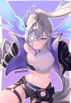Rule 34 | 1girl, black jacket, black shorts, closed mouth, commentary request, drill hair, drill ponytail, grey hair, hair intakes, highres, honkai: star rail, honkai (series), htmrshmsk, jacket, long hair, navel, ponytail, purple-tinted eyewear, purple background, purple jacket, shirt, short shorts, shorts, silver wolf (honkai: star rail), simple background, single drill, smile, solo, tinted eyewear, twitter username, two-sided fabric, two-sided jacket, white shirt