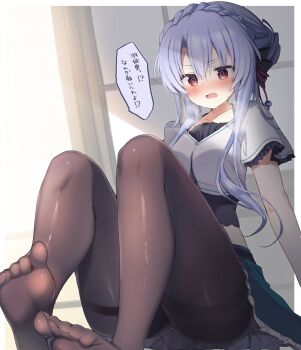 1girl @_@ absurdres adapted_costume belt black_belt black_bow black_pantyhose blue_hair blue_skirt blush border bow braid breath casual commentary commission crown_braid embarrassed eyes_visible_through_hair feet frilled_skirt frilled_sleeves frills full_body hair_between_eyes hair_bow hair_bun hair_ribbon highres indoors knees_up legs long_hair miniskirt no_shoes nose_blush open_mouth outside_border pantyhose red_eyes red_ribbon ribbon shirt short_sleeves sidelocks single_hair_bun sitting skeb_commission skirt soles solo sorakado_ao speech_bubble summer_pockets sweat takepoison thighband_pantyhose thighs toes translated v-shaped_eyebrows white_border white_shirt