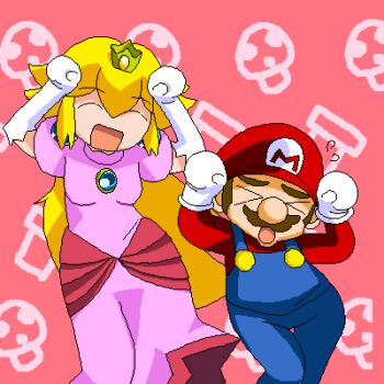 Rule 34 | 1boy, 1girl, ^ ^, arms up, blonde hair, blue eyes, brown hair, caramelldansen, closed eyes, crown, dancing, dress, earrings, facial hair, gloves, jewelry, long hair, long sleeves, lowres, mario, mario (series), mo (at900c), mustache, nintendo, open mouth, parody, princess peach, shirt, short hair, smile, sphere earrings