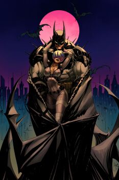Rule 34 | 1boy, 1girl, absolute batman, absolute dc, absurdres, animal ear helmet, animal ears helmet, animal helmet, arms up, bat (animal), bat mask, batman, batman (absolute dc), batman (series), batman symbol, belt, cape, cat helmet, catwoman, catwoman (absolute dc), city, commentary, dark-skinned female, dark skin, dc comics, english commentary, full moon, gabriel yrion, hands on another's face, helmet, highres, looking at viewer, mask, moon, night, shoulder spikes, spikes, superhero costume, utility belt
