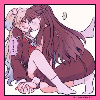 ... 2girls blonde_hair blue_hair border brown_dress brown_hair closed_eyes closed_mouth commentary_request dot_mouth dress face-to-face fang flower fujishima_megumi gradient_hair hair_flower hair_ornament hand_on_hand hasu_no_sora_school_uniform highres inset_border knees_up leg_up light_blue_hair link!_like!_love_live! long_hair long_sleeves looking_at_another love_live! medium_dress mira-cra_park! multicolored_hair multiple_girls neckerchief no_shoes open_mouth osawa_rurino parted_bangs partially_translated pink_border pink_flower pleated_dress purple_eyes red_neckerchief sailor_collar sailor_dress school_uniform socks speech_bubble spoken_ellipsis stuck_in_a_box sweat translation_request twintails two_side_up virtual_youtuber watage_modoki white_background white_flower white_sailor_collar white_socks winter_uniform yuri