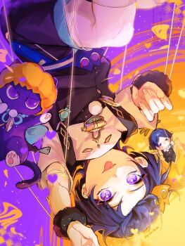 1boy :p arm_up bangs_pinned_back black_overalls blonde_hair bright_pupils casual cat cat_hair_ornament character_doll contemporary curled_fingers doll eyeliner eyeshadow feathers fingernails from_above fur_wrist_cuffs genshin_impact gnsn_tera gold hair_ornament halloween halloween_costume heart highres looking_at_viewer makeup male_focus multicolored_hair official_alternate_costume overalls pom_pom_(clothes) pumpkin_hat puppet_strings purple_cat purple_eyes purple_hair red_eyeliner red_eyeshadow scaramouche_(cat)_(genshin_impact) scaramouche_(genshin_impact) shirt short_sleeves solo streaked_hair string tongue tongue_out twitter_username undershirt upside-down wanderer_(genshin_impact) white_pupils white_shirt white_sleeves wrist_cuffs yellow_feathers