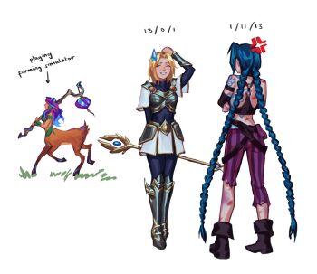Rule 34 | 3girls, absurdly long hair, anger vein, armor, armored boots, arrow (symbol), bare shoulders, black boots, black shirt, blonde hair, blue bodysuit, blue hair, bodysuit, boots, braid, breastplate, bruise, bruise on back, bruise on leg, centauroid, cloud tattoo, commentary, crop top, crossed arms, english commentary, english text, eulaleth, facing another, fold-over boots, full body, gameplay mechanics, highres, holding, holding staff, injury, jinx (league of legends), league of legends, lillia (league of legends), long hair, lux (league of legends), medium hair, multiple girls, pants, purple hair, purple pants, shirt, simple background, skirt, staff, sweatdrop, tattoo, taur, twin braids, very long hair, white background, white skirt