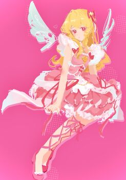 Rule 34 | 1girl, absurdres, aikatsu!, aikatsu! (series), blonde hair, bow, commentary, dress, full body, hair ribbon, highres, hoshimiya ichigo, idol clothes, invisible chair, long hair, looking at viewer, minyono, pink background, pink bow, pink dress, pink ribbon, pink shoes, ribbon, shoes, sitting, solo, symbol-only commentary, wings
