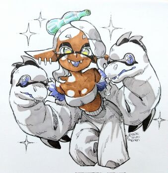 Rule 34 | 1girl, ariamikukanzaki, baggy pants, bandeau, bare shoulders, bent over, blue tongue, bottle, breasts, cleavage, colored tongue, commentary, corrupted twitter file, cropped legs, dark-skinned female, dark skin, fangs, frye (splatoon), frye (unused grand festival moray sleeves) (splatoon), hand puppet, highres, inkling, marker (medium), medium breasts, midriff, nintendo, pants, partially colored, pointy ears, puppet, short eyebrows, solo, sparkle, splatoon (series), splatoon 3, tongue, tongue out, traditional media, twitter username