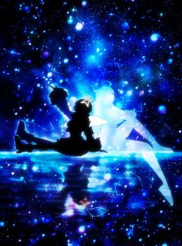 2girls amane_kanata back-to-back black_background full_body halo harada_miyuki highres hololive kiryu_coco multiple_girls reflection silhouette sitting star_(sky) star_halo virtual_graduation_commemoration virtual_youtuber