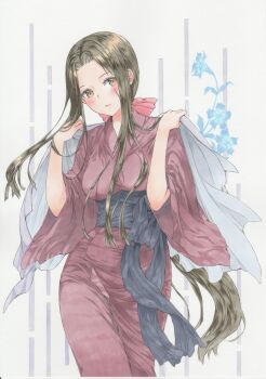 1girl blue_flower blue_sash breasts brown_eyes brown_hair commentary_request cowboy_shot curtained_hair dianthus flower forehead grey_shawl hands_up highres japanese_clothes kimono long_hair long_sidelocks looking_at_viewer marker_(medium) meeya original parted_lips red_kimono sash shawl sidelocks simple_background solo standing three-quarter_sleeves traditional_media very_long_hair white_background wide_sleeves