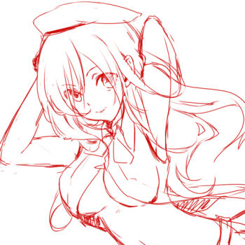 Rule 34 | 10s, 1girl, alisa ilinichina amiella, armpits, arms behind head, arms up, black gloves, breasts, newsboy cap, comic, elbow gloves, female focus, fingerless gloves, gloves, god eater, god eater 2: rage burst, greyscale, hat, hiki-wota, large breasts, long hair, looking at viewer, lowres, monochrome, open mouth, simple background, sketch, skirt, smile, solo, upper body, white background