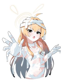 1girl absurdres bandaged_arm bandaged_hand bandages blonde_hair blue_archive blush breasts commentary_request green_eyes halloween_costume halo highres korean_commentary long_hair looking_at_viewer mr.lazy mummy_costume naked_bandage navel official_alternate_costume official_alternate_hairstyle open_mouth outstretched_hand sidelocks simple_background small_breasts solo v-shaped_eyebrows very_long_hair white_background yellow_halo yoshimi_(blue_archive) yoshimi_(halloween)_(blue_archive)
