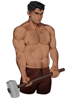 1boy abs bara beard_stubble character_request copyright_request cropped_legs facial_hair hairy hammer highres holding holding_hammer large_pectorals male_focus mature_male medium_sideburns muscular muscular_male navel navel_hair nipples pectorals short_hair sideburns_stubble sideways_glance sofit solo standing stomach stubble thick_eyebrows topless_male tsurime