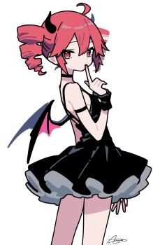 ahoge ameniwa bare_shoulders black_choker black_dress breasts choker demon_horns demon_wings dress drill_hair highres horns kasane_teto red_eyes red_hair signature simple_background small_breasts thighs twin_drills utau white_background wings