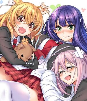 Rule 34 | 3girls, :d, anne happy, bandaged arm, bandages, blonde hair, blush, breasts, closed mouth, collared shirt, commentary request, end card, glasses, green eyes, hair between eyes, hanakoizumi an, heart, heart in mouth, hibarigaoka ruri, kumegawa botan, large breasts, long hair, long sleeves, looking at viewer, lowres, multiple girls, open mouth, pink hair, piromizu, purple hair, red eyes, school uniform, shirt, smile, white shirt, wing collar