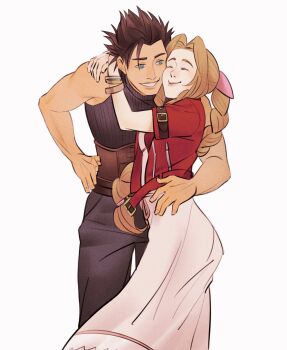 1boy 1girl aerith_gainsborough arms_around_neck bare_shoulders black_hair blue_eyes bracelet braid braided_ponytail brown_hair cheek-to-cheek closed_eyes closed_mouth couple crisis_core_final_fantasy_vii dress feet_out_of_frame final_fantasy final_fantasy_vii final_fantasy_vii_remake hair_ribbon hand_on_another&#039;s_hip hand_on_own_hip heads_together highres hug jacket jewelry long_hair looking_at_another parted_bangs parted_lips pink_dress pink_ribbon ponytail red_jacket ribbon short_hair sleeveless sleeveless_turtleneck smile spiked_hair sweater sylvthea turtleneck turtleneck_sweater white_background zack_fair