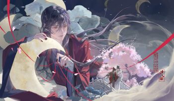 3boys absurdres artist_request bandaged_arm bandaged_hand bandaged_neck bandages bishounen black_hair black_hanfu black_hat black_nails black_sash bridge chinese_clothes chinese_commentary chinese_text closed_mouth cloud coat colored_smoke commission crescent_moon dao_gui_yi_xian dual_persona falling_petals floating_hair flower full_moon giant hair_bun hair_ribbon half_updo hanfu hat highres holding holding_hands holding_moon holding_string ji_zai jin_(headwear) li_huowang long_hair long_sleeves lotus_leaf lotus_pod low-tied_sidelocks male_focus moon moon_phases multiple_boys multiple_views nail_polish night night_sky official_alternate_hairstyle open_clothes open_coat petals pink_flower pink_petals red_coat red_eyes red_ribbon ribbon robe sash seal_impression second-party_source sidelocks single_hair_bun sitting sky smoke solo_focus standing string string_of_fate tree upper_body white_hanfu wide_sleeves yaoi zhouzi_jin_(headwear) zhuge_yuan