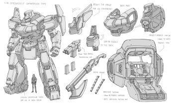 1girl absurdres arrow_(symbol) axe bayonet camouflage caterpillar_tracks cockpit commentary concept_art emblem english_commentary english_text gun head-mounted_gun highres magazine_(weapon) mecha mecha_focus missile_pod missiles monitor mono-eye one-eyed open_cockpit open_hands original reference_sheet robot science_fiction shield shotgun shotgun_speedloader sketch snow_camouflage submachine_gun sword sword_on_back weapon weapon_on_back winch zen_(jirakun)